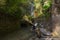 couple taking photos in waterfall in surreal architecture, jungle and waterfalls in the surreal botanical garden of Edward James,