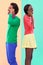 Couple, talking and phone call in colorful clothes for fashion, dating or new love with crush. African people, young and