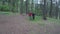 Couple of teen lovely hikers with backpacks hiking in forest holding hands -