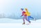 Couple teens Boy and Girl Skating on Ice on Snowdrifts Cityscape Winter Background Vector illustration