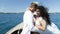 Couple On Thailand Boat Embracing, Happy Romantic Man And Woman Tourist On Vacation