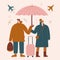 Couple of tourists choosing travel direction in airport. Illustration of family on vacation in vector.