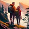 Couple of tourists in the mountains. Beautiful outdoor landscape. People with backpacks. Tourism, recreation, ro