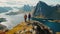 Couple of tourists standing on the edge of a mountain and looking at the fjord. Generative AI
