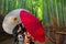 Couple with traditional japanese umbrellas posing at bamboo forest in Arashiyama