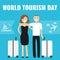 Couple travel abroad with suitcase. World Tourism day cpncept.