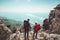 Couple travelers Man and Woman holding hands enjoying mountains aerial view