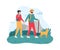 Couple traveling with dog. Young man and woman hiking or trekking on nature with stick. People having trip