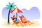 Couple on tropical beach. Girl with cocktail guy freelancer works on laptop. Vector flat cartoon characters illustration