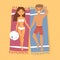 Couple on tropical beach vector characters top view people on towels romance lovers holiday travel lifestyle.