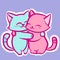 A couple of two kawaii cats in pastel colors hugging. Digital art of two chibi kitties embracing each other with love.