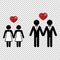 Couple or two lovers icon simple with a vector heart love silhouettes. Wedding marriage of lesbians or gays.