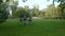 A couple on a two-seater tandem bike rides through the park between the trees