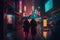 Couple with umbrella on cyberpunk night neon futuristic city background. Cyber punk street concept illustration. Digital