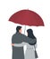 Couple under a red umbrella. A young man hugs a woman. Back view