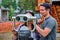 Couple using binoculars watching the nature