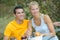 Couple on vacation having outdoor breakfast