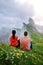 Couple on vacation hiking in the Italien Dolomites, Amazing view on Seceda peak. Trentino Alto Adige, Dolomites Alps