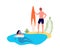 Couple vacation. Summer travel, woman swimming with lifebuoy. Man hold surfing board, sport tourism, season ocean