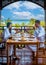 couple on vacation at the tropical Island St Lucia , men and woman having breakfast in the morning