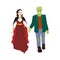 Couple in a vampire costume and monsters. A woman and a man go to All Hallows Even. Vector illustration on a white