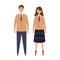 A couple of vector students from high and middle school. Vector illustration of boy and girl in uniform of same color