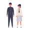 A couple of vector students from high and middle school. Vector illustration of boy and girl in uniform of same color