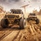 A couple of vehicles driving down a dirt road. Generative AI image.