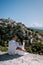 Couple visit the old town of Gordes Provence,Blooming purple lavender fields at Senanque monastery, Provence, southern