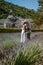 Couple visit the old town of Gordes Provence,Blooming purple lavender fields at Senanque monastery, Provence, southern