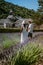 Couple visit the old town of Gordes Provence,Blooming purple lavender fields at Senanque monastery, Provence, southern