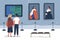 Couple visiting art gallery, museum flat vector illustration. People viewing showpieces at exhibition. Tourists looking