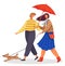 Couple Walk with Dog in Park, Lady with Umbrella