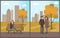 Couple Walking Autumn City Park Roads Set Vector