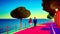 Couple walking beach art painting background new 165