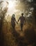 Couple walking hand in hand through the country at sunset - made with generative AI tools