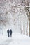 Couple walking during heavy snowstorm