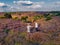 Couple walking in the meadows, Posbank national park Veluwezoom, blooming Heather fields during Sunrise at the Veluwe in