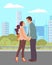 Couple walking in park. Young guy and girl holding hands, look into each other s eyes, romantic walk