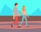 Couple walking in a park. Young guy and girl holding hands walking in summer alley, romantic walk