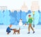 Couple Walking with Pet in Winter Park Vector