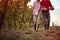 Couple walking in between rows of vines..Vineyard with ripe grapes in countryside