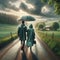 Couple Walking Strolling Raining River Pathway Spring Umbrella AI Generated