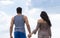 Couple Walking Summer Vacation, People Beautiful Young Happy Man And Woman Back Rear View