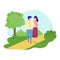 Couple walking together, embracing in a park, enjoying nature. Romantic walk and relationship happiness vector