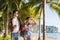 Couple Walking Tropical Beach Palm Trees Summer Vacation, Beautiful Young People Looking At Sea, Man Woman Holiday