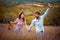 Couple walking trough lavender field