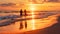 A couple walks hand in hand on a beach with the sunset in the background, A couple holding hands on a beach at sunset