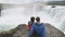 Couple Watching Majestic Waterfall Godafoss Famous Tourist Destination Iceland