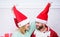 Couple wear hats as santa claus christmas tree background. It is easy to spread happiness around. Happy family celebrate